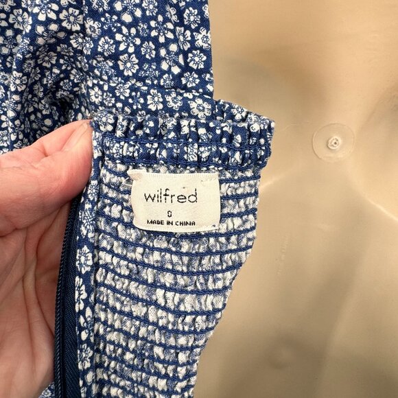 Wilfred Dress‎ Womens 0 Blue White Floral Cotton Smocked Waist Zip Back Ruffle - Picture 8 of 10